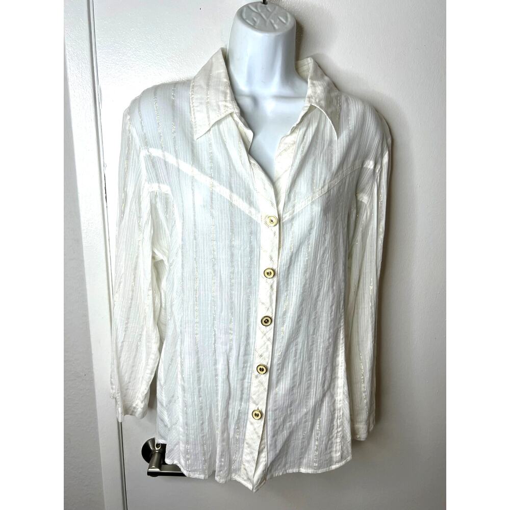 Draper's & Damon's Women's Semi-Sheer Metallic Stripe Blouse White ~ Size L